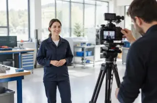 Tournage d’un film institutionnel avec une salariée filmée dans les locaux d’une entreprise.
